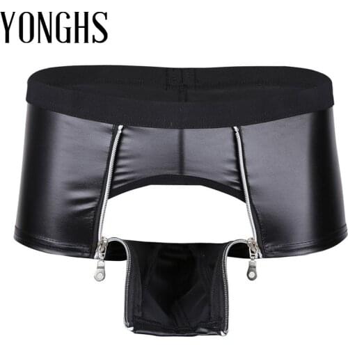 Men Lingerie Latex Underwear Faux Leather Panties Zipper Bulge Pouch Sexy Boxer Briefs Gay Homme Panties Exotic Sex Underpants