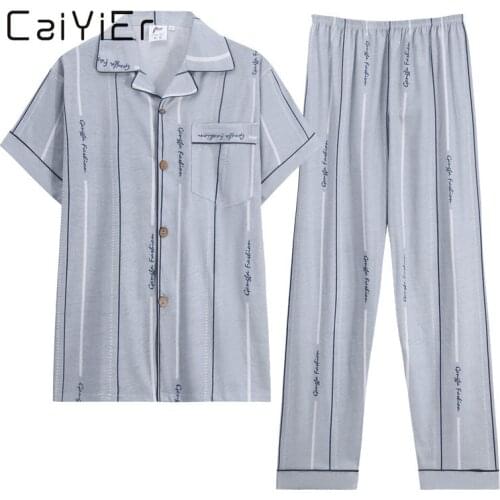 CAIYIER New Autumn Summer Men Pajamas Set Short Sleeve Long Pants Sleepwear Casual Cardigan Male Nightwear Suit Homewear L-3XL