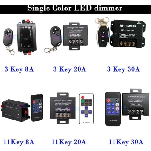 12V 24V Single Color LED Strip Dimmer 3Key 11Key wireless Remote 8A 20A 30A Dimming Switch Lights Tape Controller Free Shipping