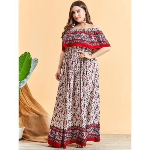 Sexy Off-Shoulder Short Sleeve Women Muslim Dress Printed Ruffles Floral Long Bohemian Dresses Holiday Vestidos Mujer Summer