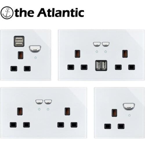 UK Plug 13A Power Socket With USB Charger Wall Outlet Double Outlet Switch White Glass Singapore Ireland Malta 146Type Socket