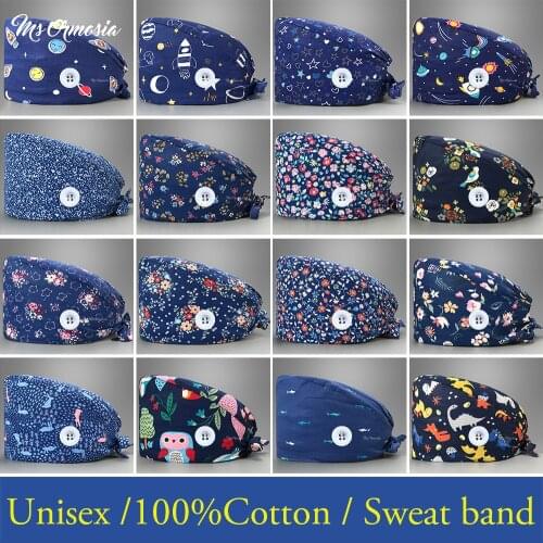 NEW Multicolor cotton scrubs hat adjustable unisex Cartoon printing caps pet store working hats Adjustable Scrub caps Custom