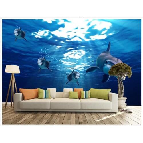 High Quality Hot Sale New custom 3d wallpaper mural High-definition beautiful blue dolphins underwater world 3 d background wall