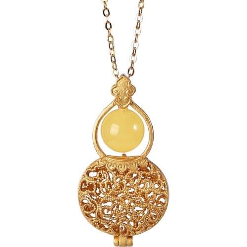 S925 sterling silver gold-plated natural amber amber beeswax gourd personality hollow out can be opened womens pendant