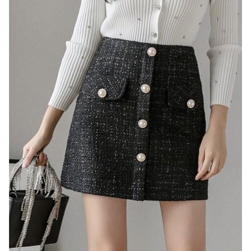 Women Tweed Skirt 2020 Korean of Autumn/Winter High Waist Slimming A Fashion Single-breasted Mini Skirt