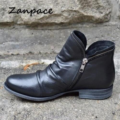 ZANPACE New Women PU Ankle Boots Winter Large Size 43 Round Toe Low Heel Women Shoes Zipper Womens Platform Heels Boots Mujer