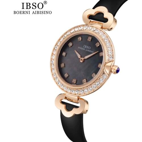 IBSO Womens Quartz Watch Rose Gold Rhinestone Clock Hours Fashion Montre Femme Ladies Quartz Leather Waterproof Wristwatch
