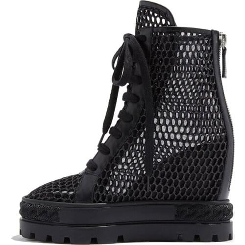 Fashion Woman Mesh Patchwork High Top Sneaker Thick Platform Sole 10 cm Height Increased Inner Wedge Heels Summer Ankle Boots