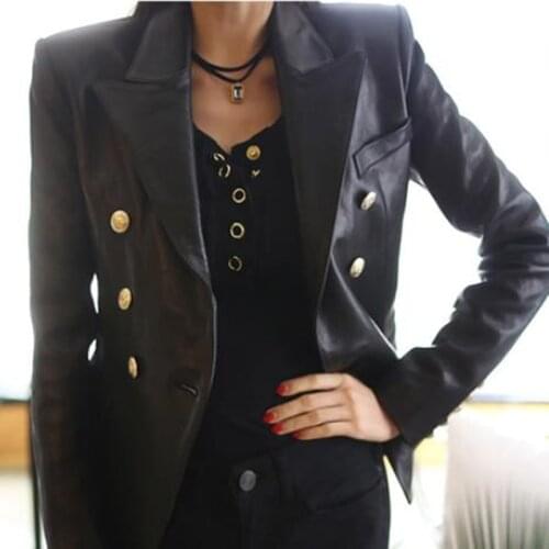 PU suit jacket womens double breasted faux leather OL lady Work Wear slim coat