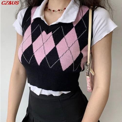 Fashion Vest 2021 Autumn V-neck Tops vintage argyle Sweater Vest For Women Pink Sleeveless Plaid Knit Cardigan Casual Womens