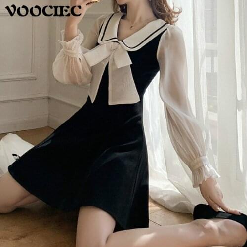VOOCIEC Spring and autumn commuting womens dress Fashion big bow slim black and white classic dress lace bubble sleeve dress