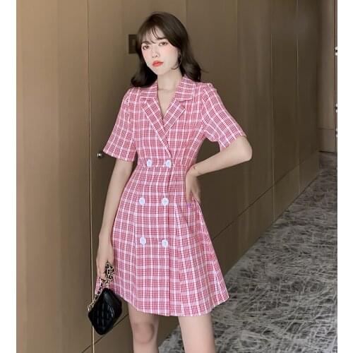 2021 Summer Temperament Lady Small Fresh Dress Waist Slimming Suit Collar Plaid Female Dresses One Piece Korean Women Clothing