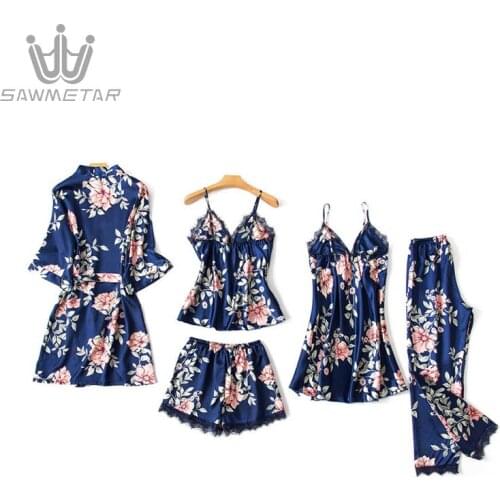 Women 5 Pieces Sexy Satin Sleepwear Silk Pajamas Sets Lace Woman Robe Floral Sleeveless Spaghetti Strap Pyjama With Chest Pads