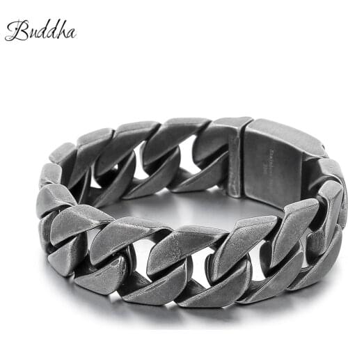 20mm Wide 316L Stainless Steel Black-color Bracelet Boys Wristband Cut Rombo Double Curb Link Buddha Bracelet for Gift Jewelry