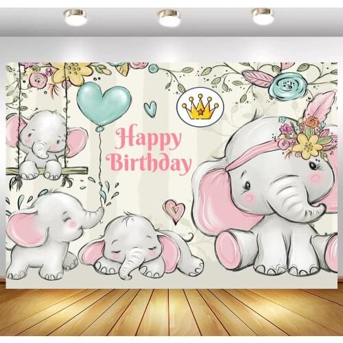 Girl Elephant Happy Birthday Photography Backdrop Swing Sleeping Newborn 1ST Birthday Childrens Party Background For Photo