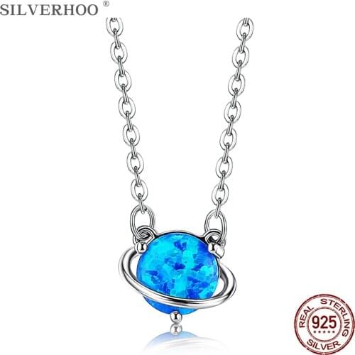 SILVERHOO Blue Opal Pendant Necklace For Women 925 Sterling Silver Female Necklaces Earth Shape Creative Jewelry New Arrivals