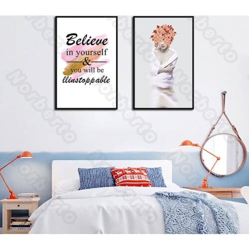 Modern Style Canvas Painting Wall Poster Art Charming Women and Flowers Letters Believe In Yourself for Home Rooms Decoration