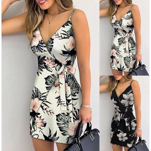 Summer Women Camisole Dress Sexy V-neck Dresses Print Lace-up Dress Sling Dress Backless Dress Strap Mini Dress