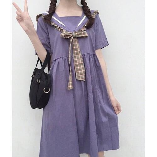 Summer Girl Navy Collar Style Balck Purple Sailor Collar Dresses School Uniform Girls Preppy Cute Ins Sweet Bowknot Dress