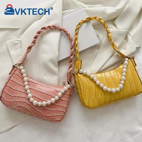 Fashion Women PU Leather Solid Color Pearl Chain Shoulder Underarm Bag Casual Ladies Alligator Pattern Small Purse Handbags