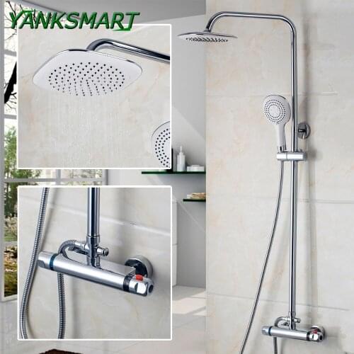YANKSMART Thermostatic Shower Set Shower Head Bathroom 2 handles Faucets Bath Mixer Thermostatic Tap Chrome Finished KIT
