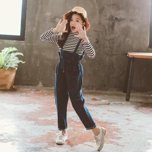 2021 New Spring Toddler Overalls Baby Suspender Pants Solid Girls Autumn Overalls+striped Sweatwear 2pcs Lovely Kids Denim Pants