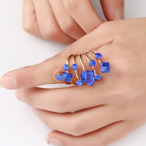 Hot Fashion Simple Shiny Gold Color Royal Blue Geometric Crystal Rhinestone Statement Ring for Women Girl Brand Jewelry