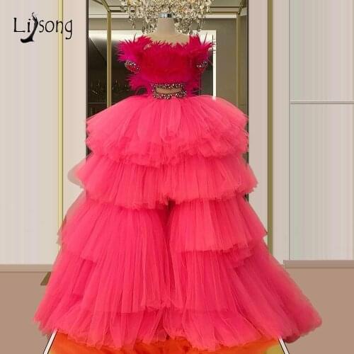Real Image Hot Pink Tulle Prom Dresses Feather Prom Gowns Crystal Ruffles Tiered Puffy Tulle Ball Gowns Fuchsia Formal Dress