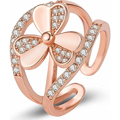 Luxury Rose Gold Ring Jewelry For Women Adjustable Rings Clover Rhinestone Wedding Anillos Para Mujer Aneis womens Finger Ring
