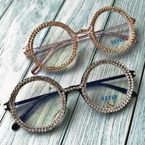 Round Diamond Eyeglasses Women Cute Clear Lens Sunglasses Fashion Crystal Men Eyewear Black Pink Retro Oculos de sol
