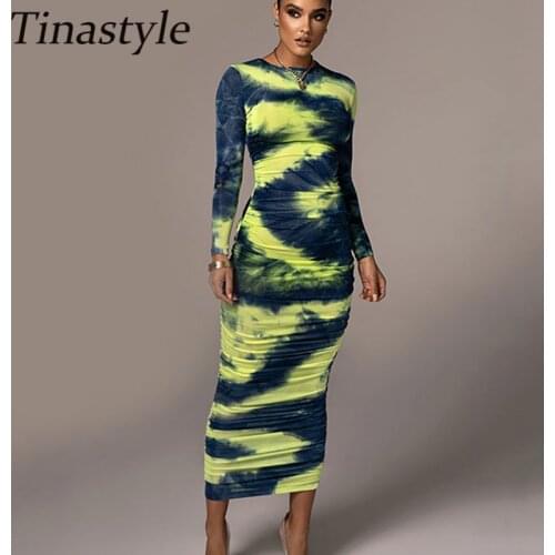 Tinastyle Tie-Dye Print Sexy Ruched Dress Women Long Sleeve Bodycon Winter Dress Elastic Casual Party Christmas Dress Vestidos