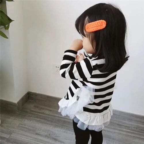 Girls Spring Cotton Striped baby long sleeve T-shirts childrens undershirt cotton girls mesh stitching T-shirts tops P4 202