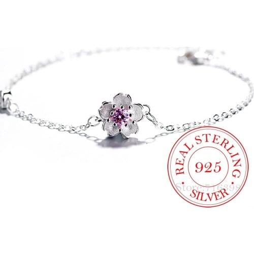 925 Sterling Silver Crystal Cherry Blossoms Charm Bracelet &Bangle For Women Fashion Jewelry Pulseras Mujer Moda 2020