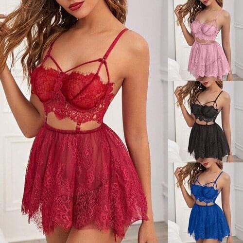 Women Lace Flower Bra + Mesh Short Skirt + Thong 3pcs Set Sleepwear Nightwear Ladies Sexy Lingerie Outfits