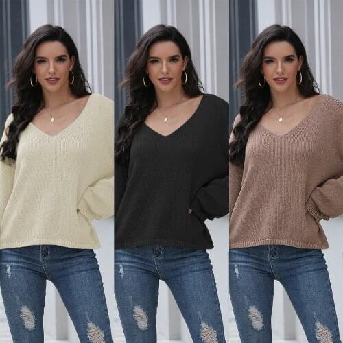 Sweater Women Pullover 2021 Sexy off-the-shoulder Knitted Sweater New Lantern Sleeve V-neck Warm Sweaters Dropshipping SJ3231