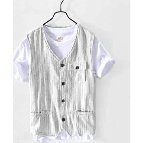 Z603 Men Linen And Cotton Blend Striped Suit Vest Spring Summer New Business Outerwear Vintage Slim Thin Multi-Pocket Waistcoat