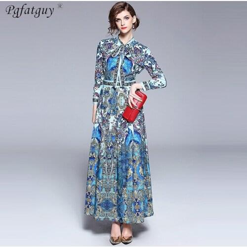 2019 European Style Women High Quality Bow Neck Vintage Animal Print Party Dresses Designer Long Maxi Dress Vestidps Robe Femme