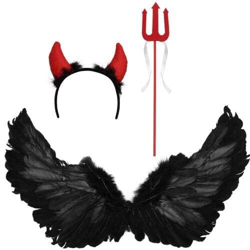 3pcs Devil Feather Wing Triangle Fork Headwear Set Halloween Cosplay Costume