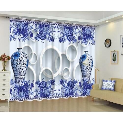 3D Blackout Window Curtain Living Room office Bedroom Drapes Cortina Rideaux Customized size Blue and white porcelain pillowcase