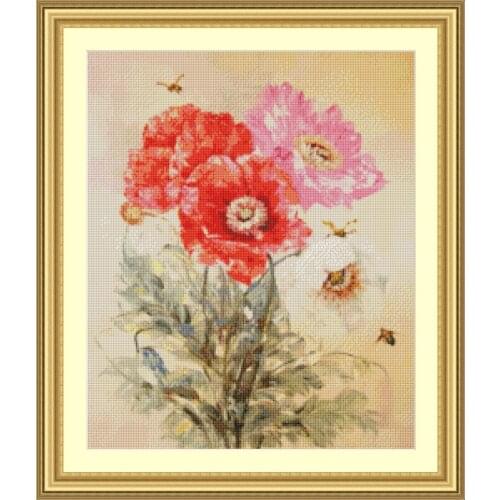 -47-56 Pink and Red PoppiesCounted Cross Stitch Cartoon Cross Stitch 14CT Cross-Stitch Kit Handmade Embroidery Needlework