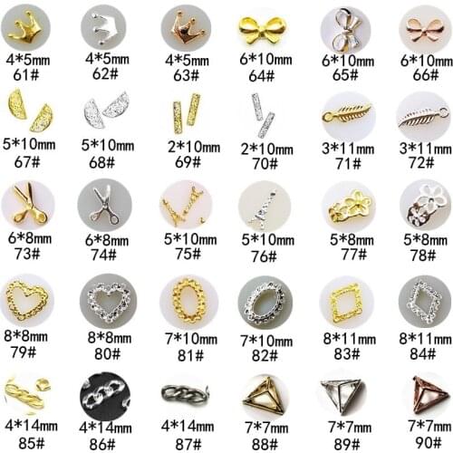 50pcs/Pack Korea Alloy Nail Art Parts Decals Crown Bow Half Moon Scissors Heart Oval Chain 3D DIY Metal Accessories Sticker Tool