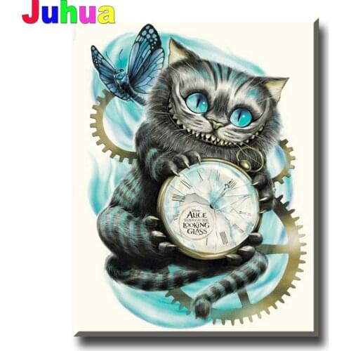 5D Diy Diamond Painting Full Square Cartoon Grinning Clock Cat Diamond Embroidery Picture Of Rhinestones DIY Mosaic Home Decor