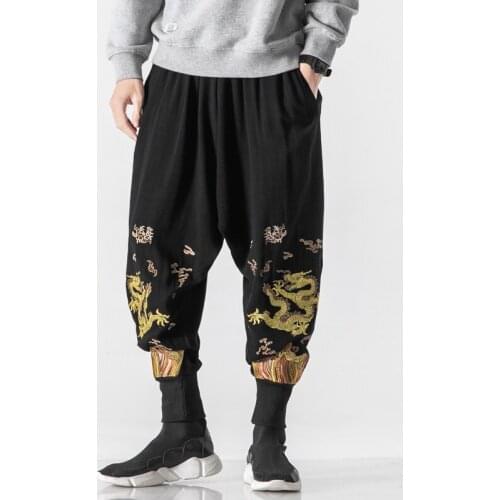 Dragon Embroidery High Waist Pants Sweatpants Men Chinese Style Drawstring Bagg Pants Trousers Fashion Capris