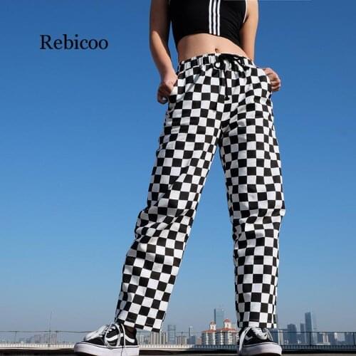 Black White Plaid Pants Women Trousers New Spring Fashion High Waist Checkered Straight Loose Casual Sweatpants