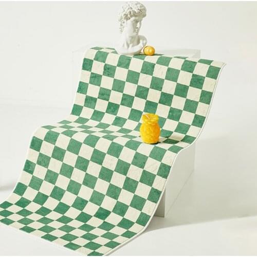 Nordic Long Bedside Rug Fluffy Vintage Green Plaid Bedroom Carpet Area Floor Pad Mat Doormat Aesthetic Home Room Decor 50x150cm