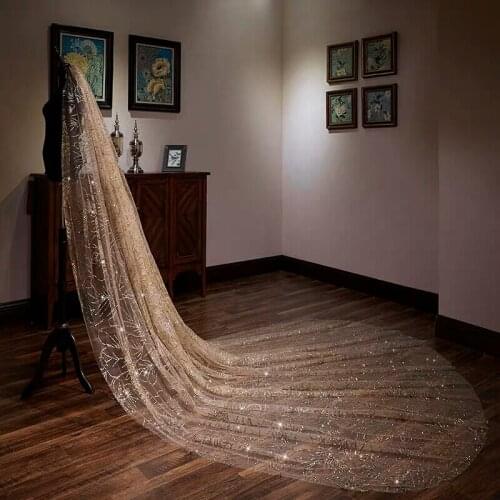 2020 Wedding Veils Luxury Long Cathedral Length White Ivory Champagne Bridal Veils One Layer Beaded Lace Wedding Veil