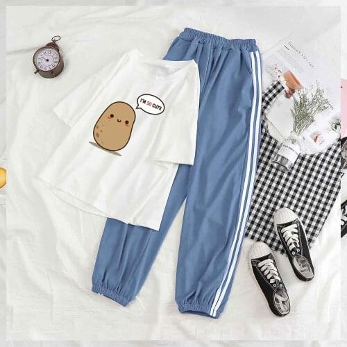 Kawaii Sleepwear Women Set Home Wear Set Short Sleeve Crop Top Sleep Tops Night Potato Print Summer Suit Female Korean Version