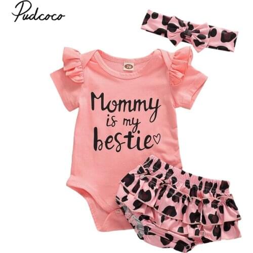 Baby Girls Summer Clothes Short Sleeve Romper Tops Leopard Ruffled Shorts Headband Outfits Set