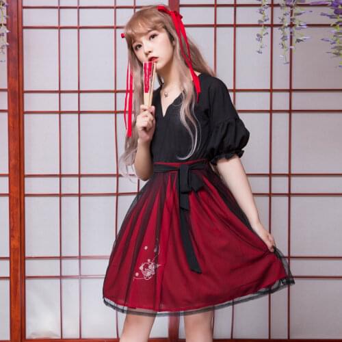 Ling Long Tou(Exquisite Dice)--Elegant Chinese Tradition Hanfu Black+Red Dress Han Element Short Sleeves Dress One-Piece