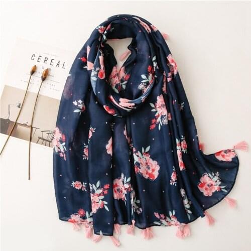 Fashion Navy Blue Broken Floral Tassel Viscose Shawl Scarf Lady High Quality Wrap Pashmina Stole Bufandas Muslim Hijab 180*90Cm